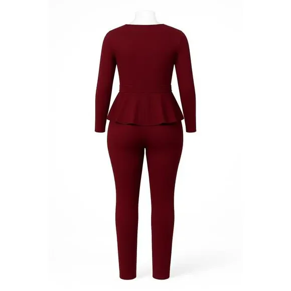 GIBIU Wine Burgundy Peplum Belted Jumpsuit – 1X (Junior Plus 12–14) - Picture 2 of 3